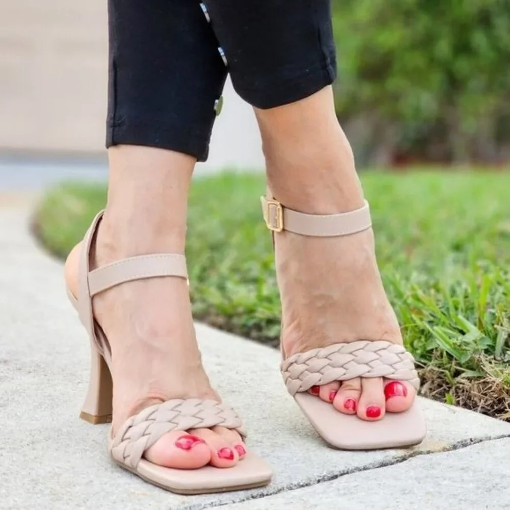 Elegant Nude Square Open Toe Sandals Women’s Braided Ankle Strap - Picture 3 of 5